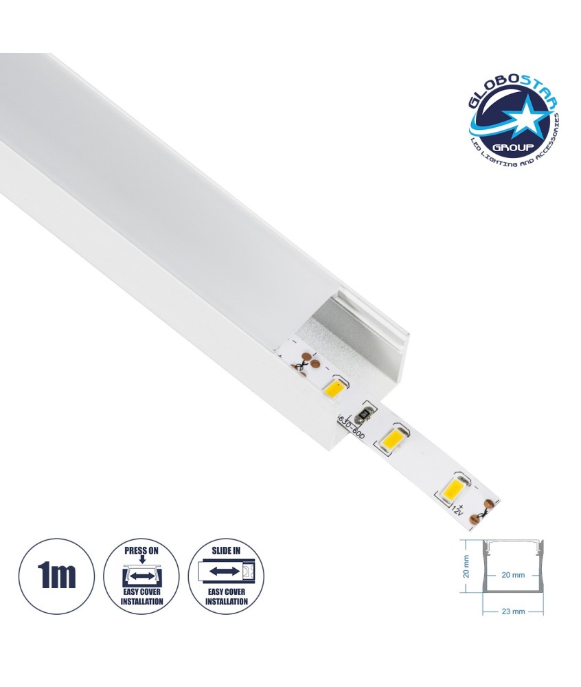 GloboStar® SURFACE-PROFILE 70868-1M Προφίλ Αλουμινίου - Βάση & Ψύκτρα Ταινίας LED με Λευκό Γαλακτερό Κάλυμμα - Επιφανειακή Χρήση - Πατητό Κάλυμμα - Λευκό - 1 Μέτρο - Μ100 x Π2.3 x Υ2cm